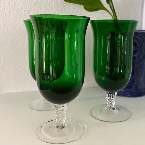 Green glasses set of 3 wine glasses Unique 7"tall - Picture 2 of 6